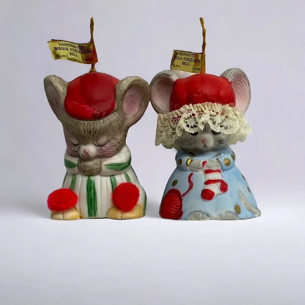 2 Lil Chimers Mice Mouse Bells Ornaments Vintage Shelf Sitters Christmas Decor